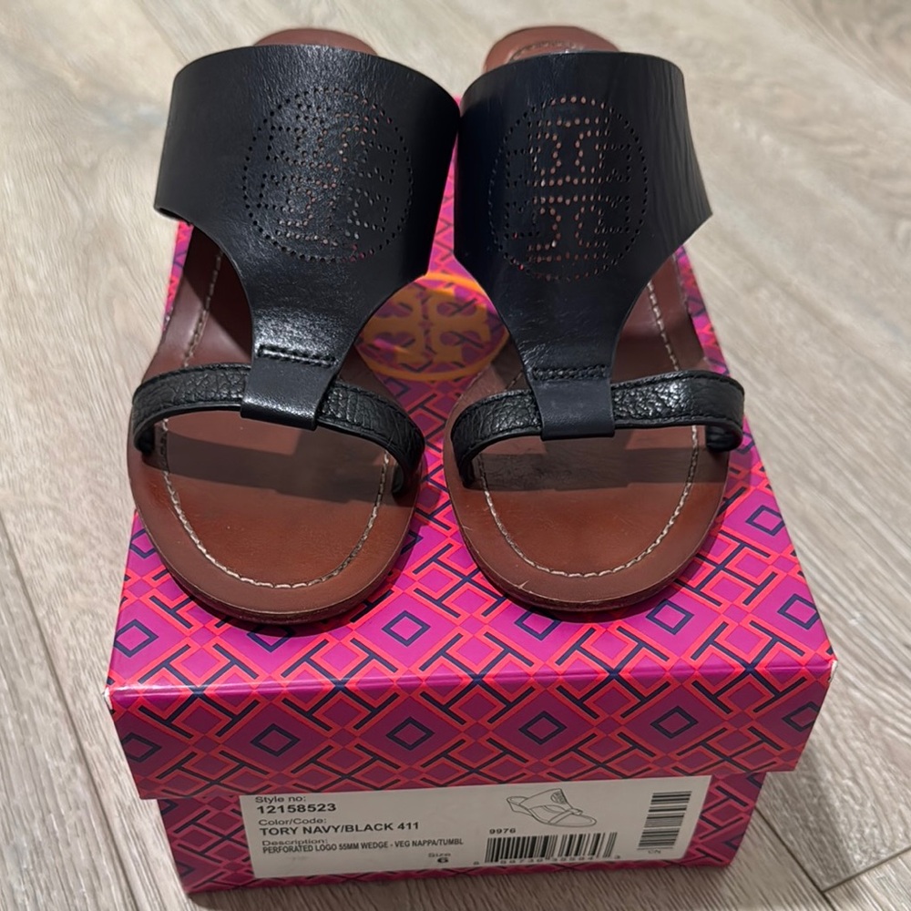 Tory Burch Black Wedge Sandals 6